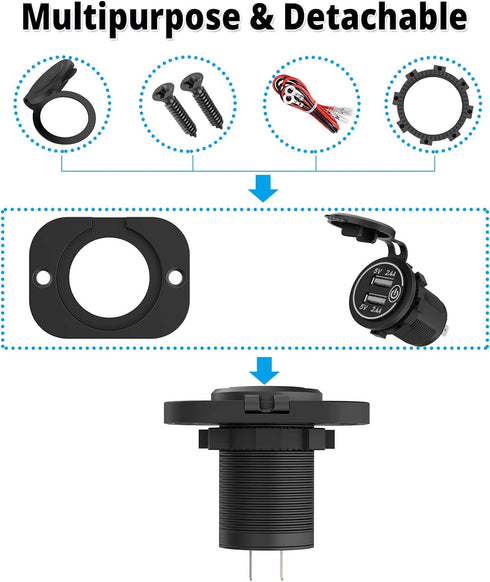 Dual USB Socket 12V Marine Outlet with Switch Golf Cart USB Port 12 Volt DC Car Charger Mount Waterproof Cigarette Lighter Power Adapter DIY Kit F...