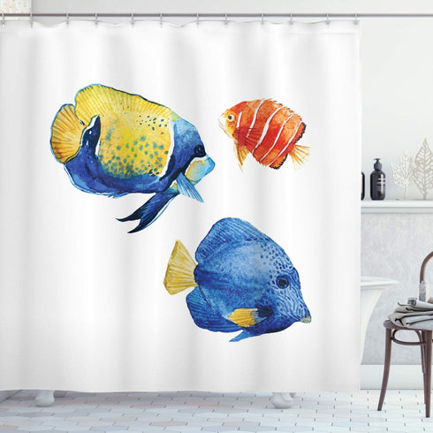 Ambesonne Fish Shower Curtain, Tropical Aquarium Life Discus Fish and Goldfish in Different Patterns, Cloth Fabric Bathroom Decor Set with Hooks, ...