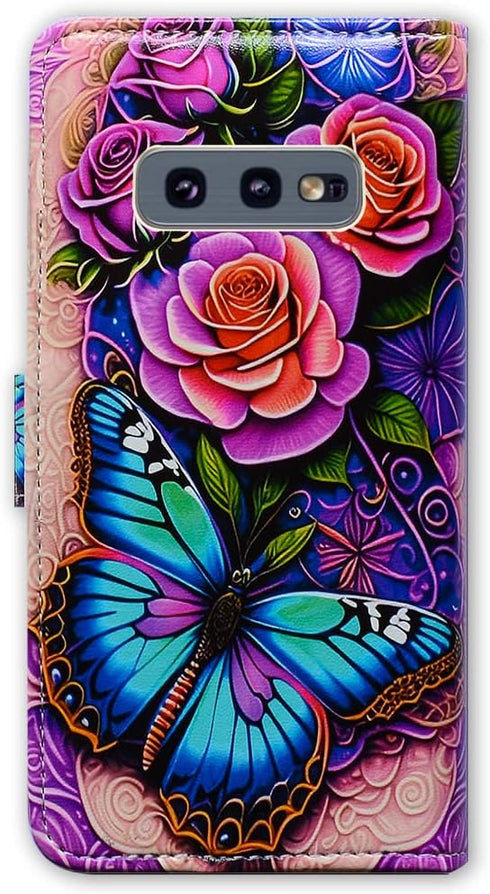 Bcov Galaxy S10e Case,Blue Butterfly Flowers Rose Leather Flip Phone Case Wallet Cover with Card Slot Holder Kickstand for Samsung Galaxy S10e...