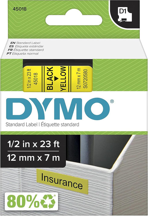 DYMO Standard D1 43610 Labeling Tape (Black Print on Clear Tape, 1/4'' W x 23' L, 1 Cartridge), DYMO Authentic...