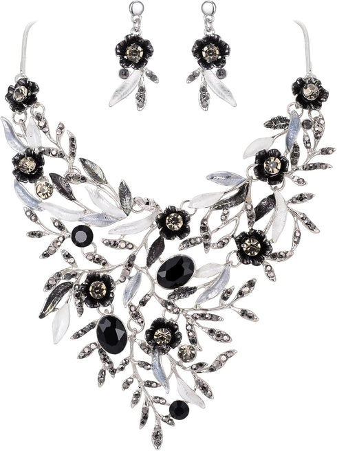 BriLove Wedding Bridal Leaf Cluster Jewelry Set for Women Crystal Flower Enamel Statement Necklace Dangle Earrings...