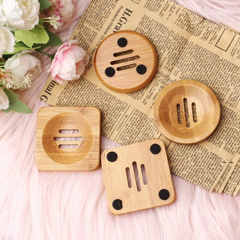 SUMAJU 4 Pcs Wooden Soap Holders Bathroom Soap Dish Natural Bamboo Soap Holder Square & Round Soap Dishes for Home Bathroom...