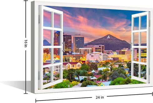 Window View Paintings for Wall Tucson Arizona Cityscape Pictures for Bedroom Downtown Skyline Canvas Wall Art HD Prints Modern Artwork Giclee Hous...