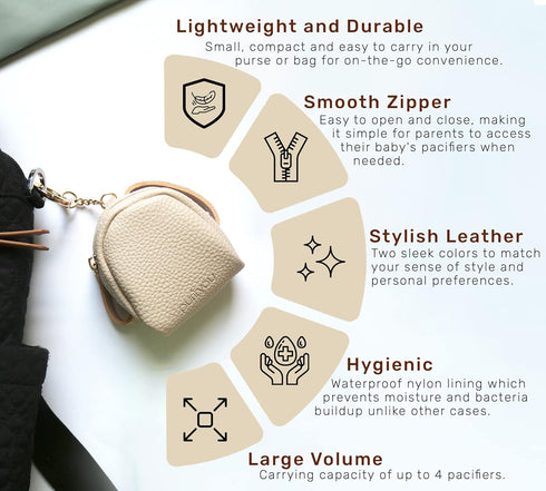 purifyou Premium Leather Pacifier and Nipple Shield Cases - Set of 2 Black & Beige | Case for Diaper Bag & Stroller | Pacifier Box for Travel | Ke...