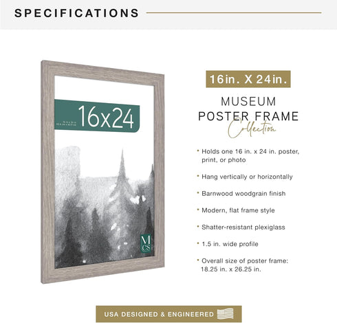 MCS Museum Poster Frame 16x24 Barnwood, Vertical & Horizontal Wall Hanging Large Picture Frame for Photos, Posters & Art Prints (1-Pack)...