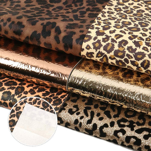 Leopard Printed Faux Leather Sheet Metallic Burst Crack Synthetic Leather Fabric Assorted 6 PCS 7.7" x 12.9" (20 cm x 33 cm) for Hair Accessories ...