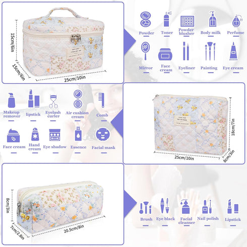 Makeup Bag Set, Quilted Makeup Bag, Large Floral Cosmetic Bag for Women, Cute Cotton Makeup Bag, Flower Travel Toiletry Organizer Bag (Folk Style)...