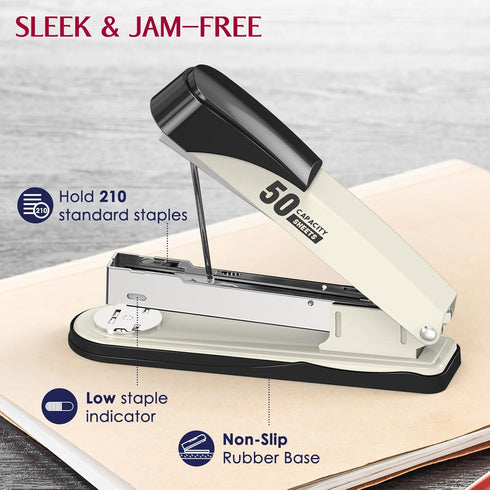 Metal Stapler Heavy Duty 50 Sheet Capacity with 1750 Staples and Staple Remover, White Stapler Full Strip Staplers for Desk, No Jam, Non-slip Offi...