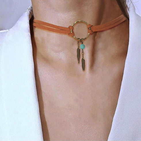 Layering Leather Choker Necklace Indian Feather Leather Choker Coller Necklace Doudal Layer Velvet Choker Necklace Boho Circle Necklace Jewelry fo...