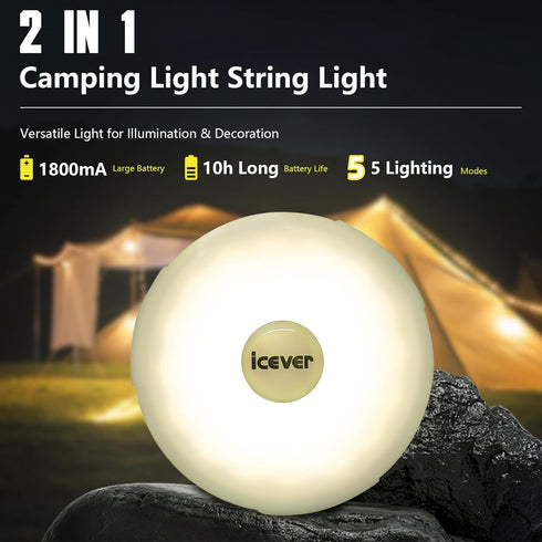 Camping String Lights, 32.8FT Rechargeable Waterproof Hanging Lamp Portable LED Light for Outdoor Camping Awning Tent Garden Party Yard Festival D...