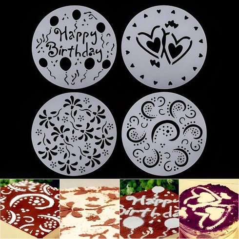 4-Piece Variety Cake Stencil Template,Birthday Heart Flower Spirals Decorating Mold Tool...