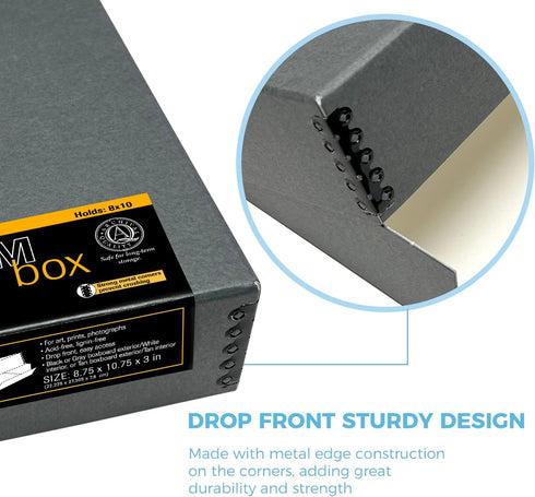 Lineco, 8x10 Gray Drop Front Archival Storage Box Metal Edge. Acid-Free, Lignin-Free. Preserves Photos, Documents, Prints, Cards, DIY...