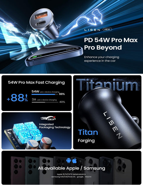 Car Charger USB C, 54W Super Fast Car Charger Adapter, LISEN All-Metal Cigarette Lighter Adapter, Dual Port PD 36W/12V USB C Car Charger Plug for ...