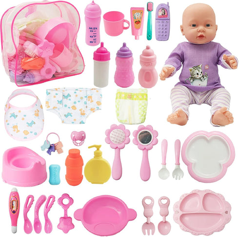 SOTOGO 34 Pieces Baby Doll Care Set Doll Feeding and Changing Accessories Set Baby Doll Accessories in Bag, without Doll...