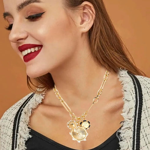 Sun Heart Charm Choker Necklace for Women Men,18k Gold Plated With Zircons Inlaid Pendants,Thick Chunky Paperclip Chain Hip Hop Necklace Unisex Je...