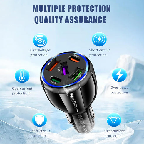 3 USB+2PD Car Charger Adapter Fast Charging,75W USB C Car Charger, 5 Port Type A Cigarette Lighter USB Charger for iPhone/Android/Samsung Galaxy S...