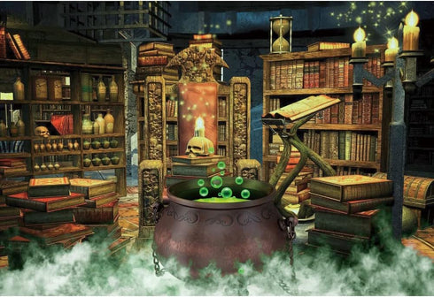 AOFOTO 7x5ft Halloween Photography Backdrop Witch Magic Cauldron Bookshelf in Spooky Room Party Decoration Chemistry Laboratory Skull Kids Adult P...