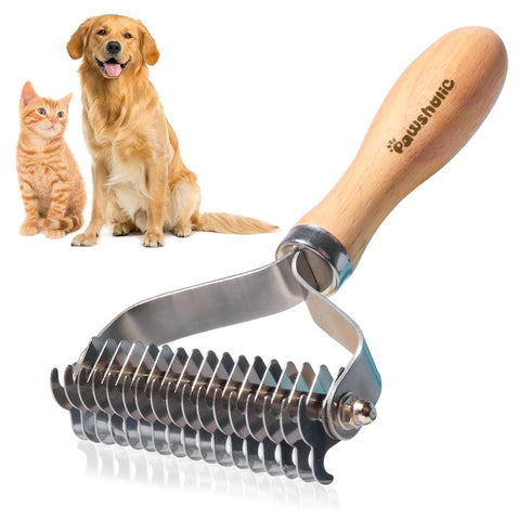 Undercoat Rake for Dogs - PAWSHOLIC Professional Pet Shedding Dematting Comb with Wood Handle, Deshedding Undercoat Brushes with Stainless Steel B...