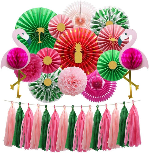 KAXIXI Tropical Flamingo Party Supplies, Pink Honeycomb Balls Hanging Paper Fans Pom Poms Flowers Tissue Tassels for Birthday Baby Shower Decorati...