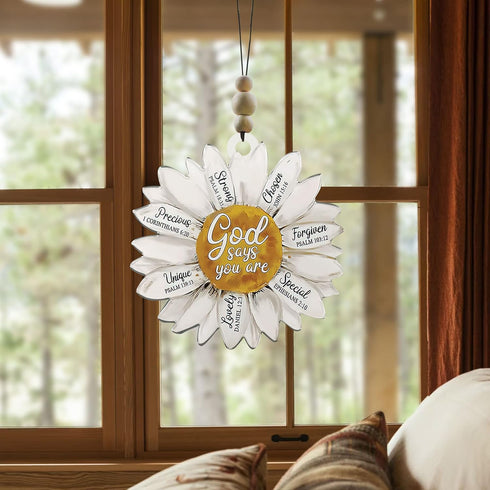 Talataca Daisy 2D Flat Car Ornament & Wood Beads, God Says You are Christian Beaded Rear View Mirror Accessories, Rearview Hanging Charm, Christma...