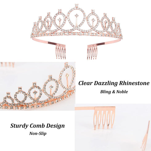 CAVETEE Birthday Crown and Sash for Women - Rose Gold Rhinestone Tiara Set and Sash for Decorations...
