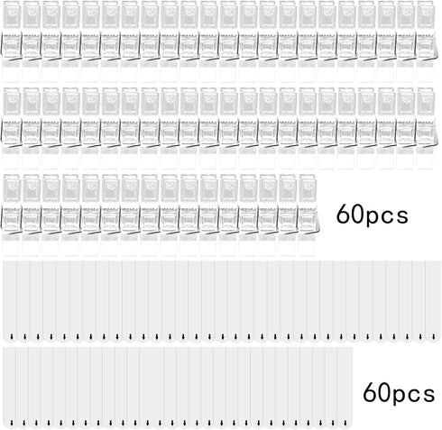 60 Pieces Clear Self Adhesive Clips Plastic Hanging Wall Clips Small Paper Photo Spring Tapestry Clips and 60 Pieces White Sticky Strips for Home ...