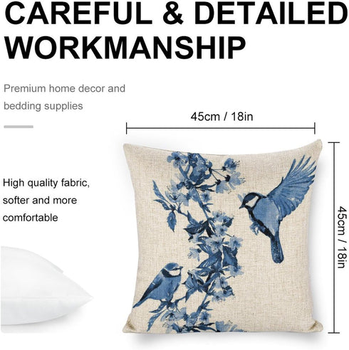 Chinoiserie Pillow Cover Blue Cherry Blossom and Birds Cotton Linen Decorative Throw Pillow Case Cushion Cover for Bedroom Sofa Living Room Couch ...