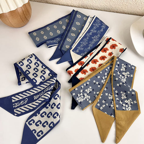 Retro small silk scarf girl heart spring and summer narrow ribbon headband headband bag decoration long scarf headdress (blue hair band 5pcs)...