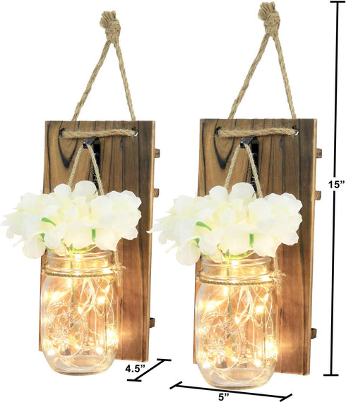 Greenco GRC2859 Wall Hung Mason Jar Sconce with Faux Flower and Led Strip Lights, Rustic...