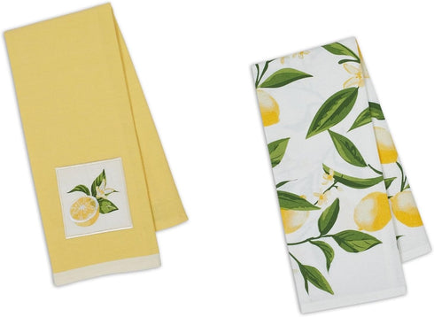 DII Design Imports Coordinating Embroidered and Printed Cotton Dishtowel Sets of 2 Tea Towels (Lemon)...