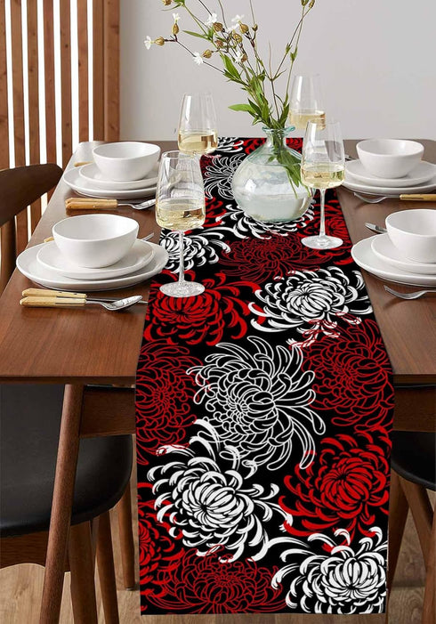 Floral Table Runner-Red Black White Cotton linen-Long 72 inche Dresser Scarves,Flower Tablerunner for Kitchen Coffee/Dining Table Bedroom Home Liv...