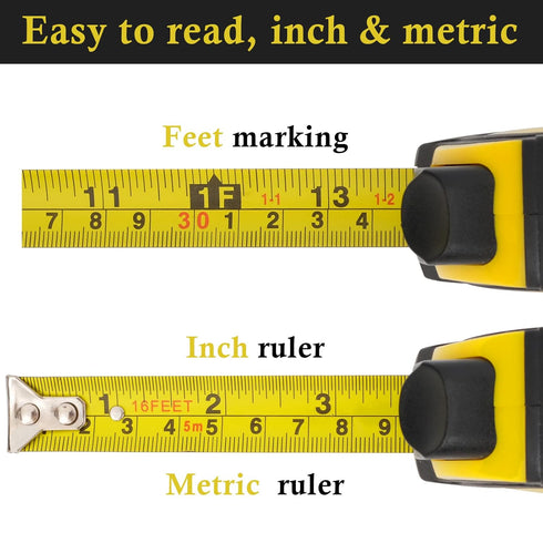 Auto-Lock Measuring Tape, 16-Feet (5M) Dual Side Retractable Tape Measure, Inch/Metric Scale, MID Accuracy, for Electricians, Carpenter, Surveyors...