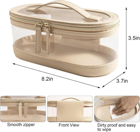 Clear Travel Makeup Bag Skincare Cases Beige With Double Zipper White Organizer Leather Stand Small Make Up Toiletry Cosmetic Storage Pouch…...