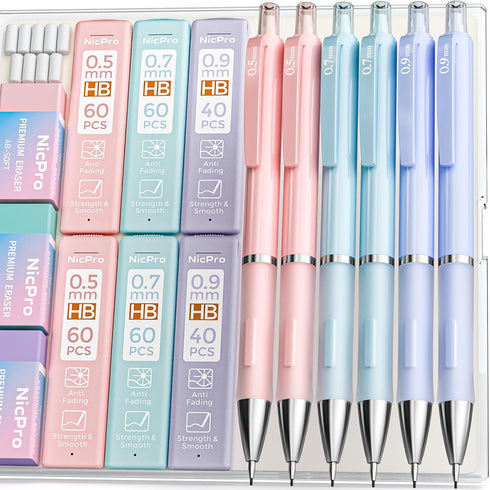 Nicpro 6PCS Pastel Mechanical Pencil Set, Cute Mechanical Pencils 0.5 mm & 0.7 mm & 0.9 mm with 360PCS HB Lead Refills, Eraser, Eraser Refill for ...