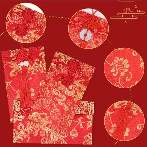 4 Pieces Silk Red Envelope Chinese Red Pocket Lucky Money Hong Bao Card Envelope for Spring Festival Wedding New Year Birthday, 4 Styles with Chin...