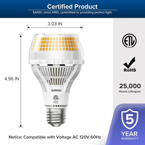 SANSI Upgraded 300W Equivalent LED Light Bulb, 5000 Lumens A21 Non-dimmable LED Bulb with E26 Base, 30W Power 3000K Warm White Bright Light Bulb f...