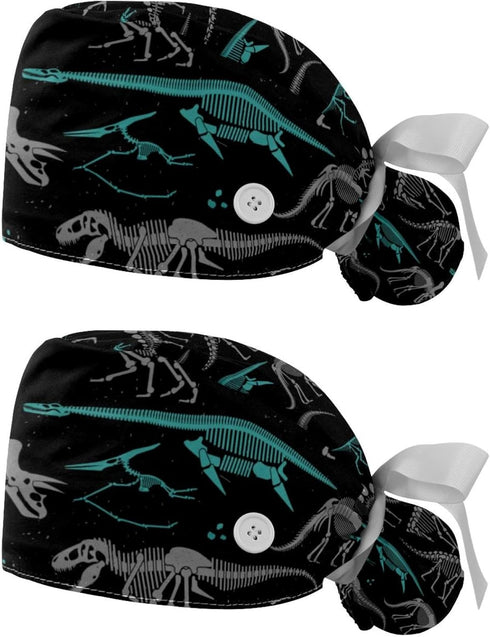 2 Pack Scrub Caps for Women, Ponytail Holder Nurse Hats for Long Hair, Dinosaurs skeleton...