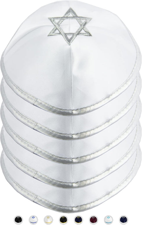 Pack of 5-Pcs Hq 20cm Satin/Velvet Kippah with Silver/Gold String+Star of David for Men & Boys, Israel Kippot Bulk...