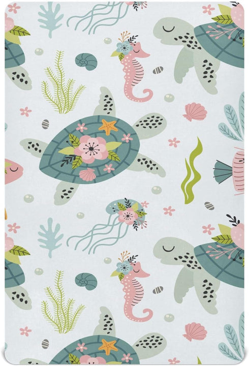 Fitted Crib Sheets Turtle Sea Horse Stretchy Portable Playard Sheets for Baby Toddler, Breathable Soft Mini Crib Mattress 39 x 27 in for Boys and ...