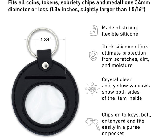 AA Coin Holder Keychain | Displays Both Sides of Sobriety Chips, Medallions, Recovery Coins, and Tokens | Also Fits Apple Airtag | Waterproof Scra...