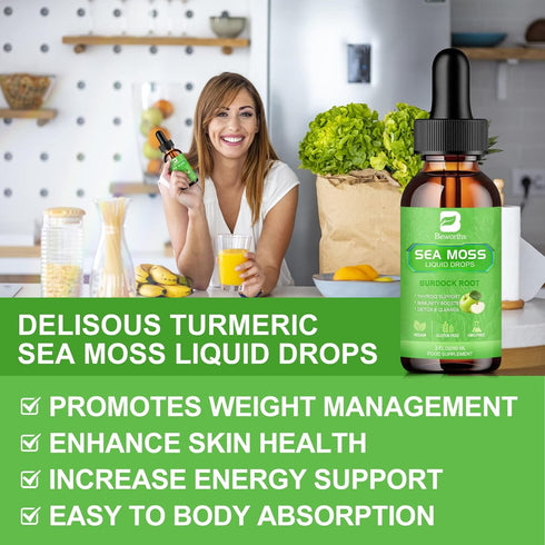 Sea Moss Liquid Drops - Organic Irish Sea Moss Gel with Burdock Root, Vitamin C, B12, 3000mg Seamoss Gel Supplement for Immune, Joint, Detox Clean...