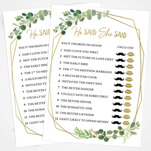 Printed Party Bridal Shower Games – He Said She Said Game with Fun Bride and Groom Trivia, Wedding Shower Activity, Botanical Greenery Theme, 50 G...