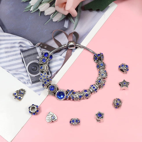 TOAOB 30pcs Dark Blue Large Hole European Beads Antique Silver Metal Rhinestone Rondelle Spacer Charms Beads Assortments for Bracelets Necklaces J...
