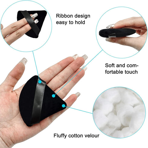 12 Pieces Black Cosmetic Powder Puff,2.76 inch Portable Soft Sponge Setting Face Puffs,Triangle Velvet Powder Puff with Ribbon Band Handle for Loo...