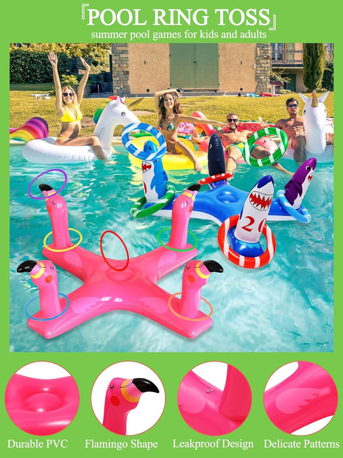 Inflatable Pool Ring Toss Games with 6 Rings, Flamingo Shark Pool Ring Toss Game Summer Pool Toys Party Games for Kids and Adults...