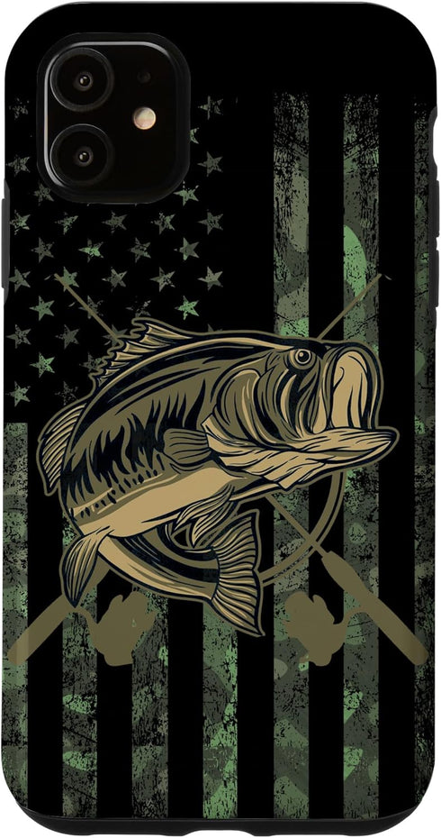 Camo American Flag Bass Fishing Gift Love Fishing Fisherman Case for iPhone 11...