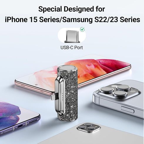 Mini Portable Charger USB C Small Power Bank 4500mAh, Bling Cute Battery Pack for iPhone 15/15 Plus/15 Pro/15 Pro Max, Samsung Galaxy S24/S23/S22,...