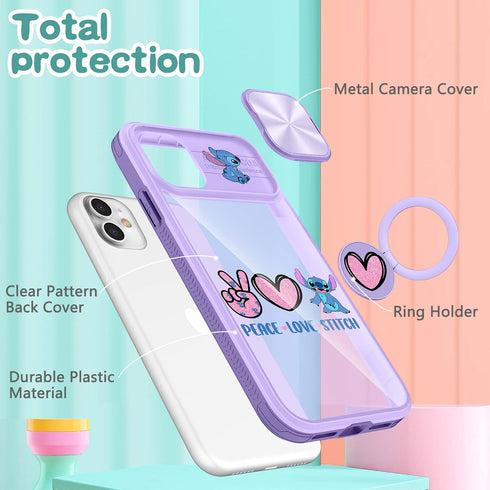 Joyleop (2in1 for iPhone 11 Case Cartoon Cute Love Stit for Girls Pretty Women Teen Kids Girly Phone Covers Purple Pattern Design with Slide Camer...