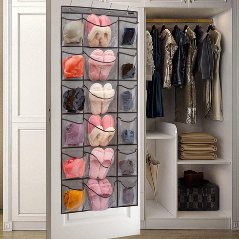 Over The Door Hanging Shoe Rack Organizer 18 Pockets Organizer with 6 Extra Large Clear Pockets for Shoe Holder Storage (18 Pockets-Grey)...