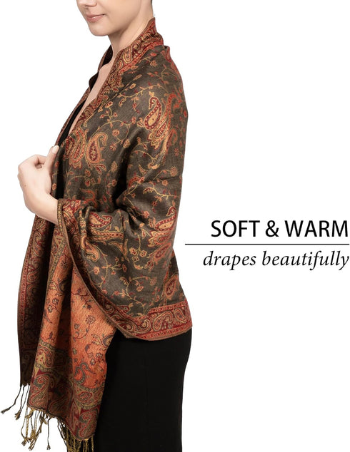 Achillea Reversible Paisley Pashmina Rave Scarf – Exotic Indian Shawls and Wraps for Evening Dresses, Festivals, All Seasons...